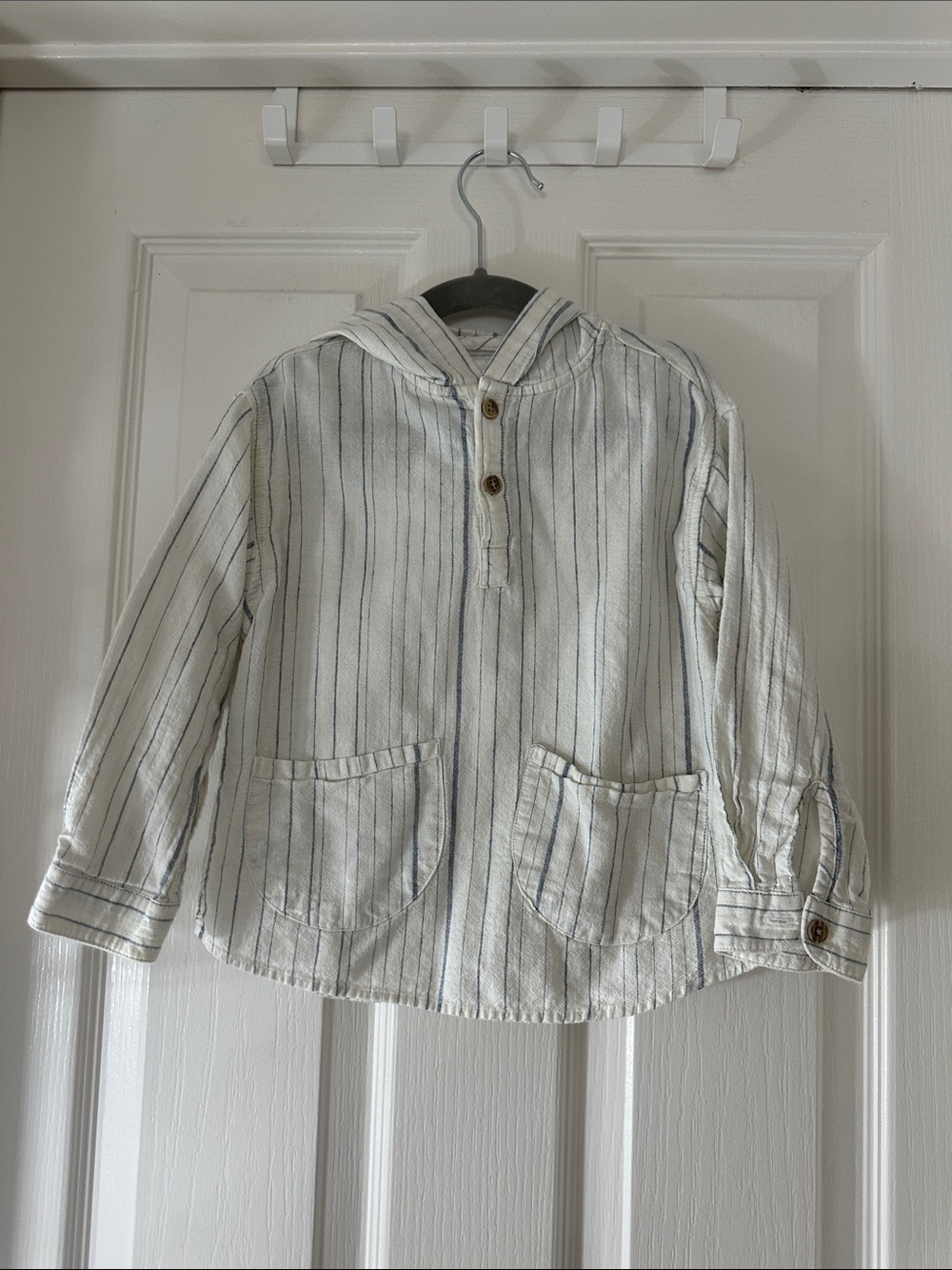 Zara Cream and Light Blue Striped Hoodie Shirt